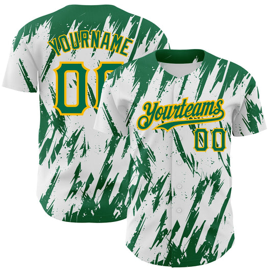 Custom White Kelly Green-Gold 3D Pattern Design Abstract Sharp Shape Authentic Baseball Jersey - Sky-Custom