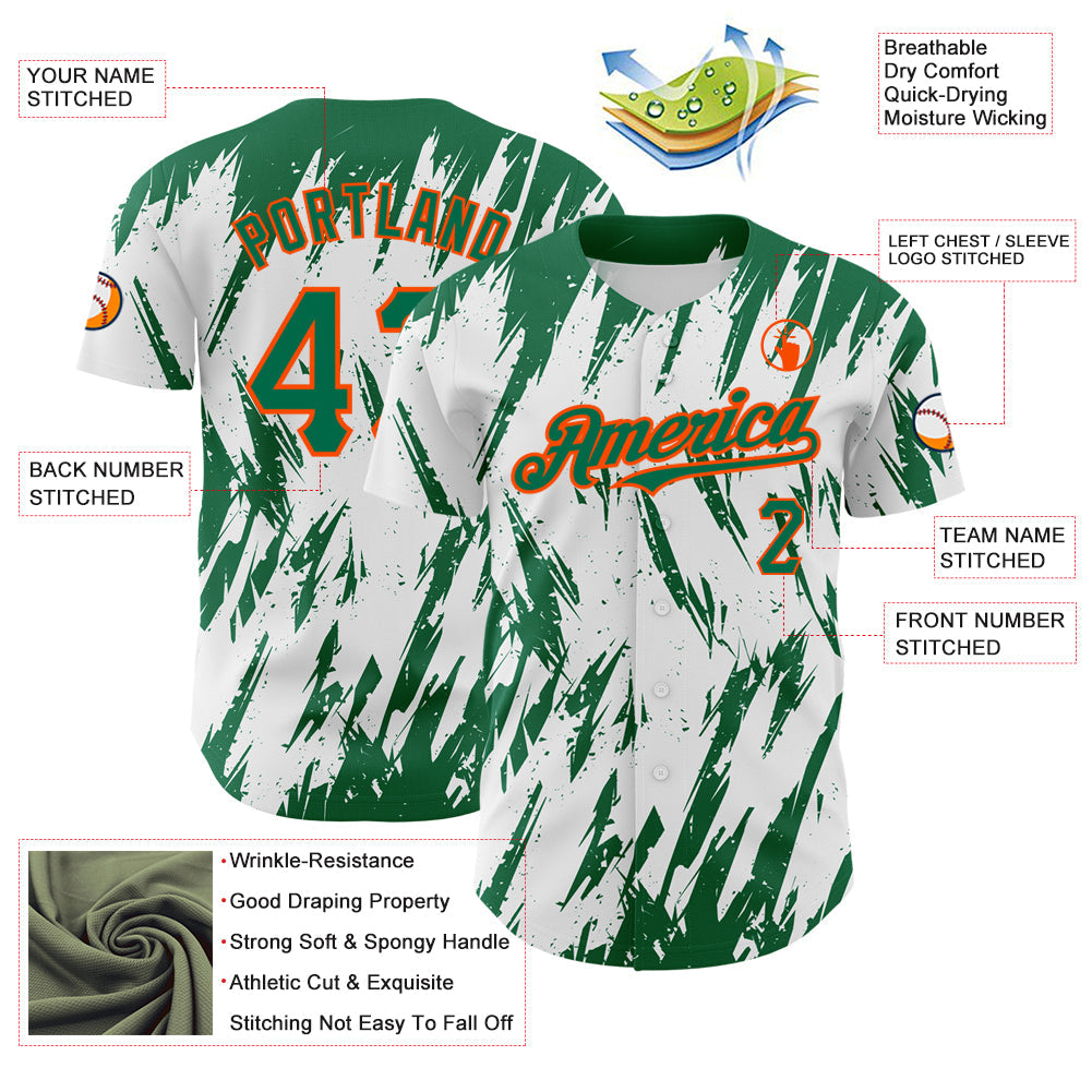 Custom White Kelly Green-Orange 3D Pattern Design Abstract Sharp Shape Authentic Baseball Jersey - Sky-Custom