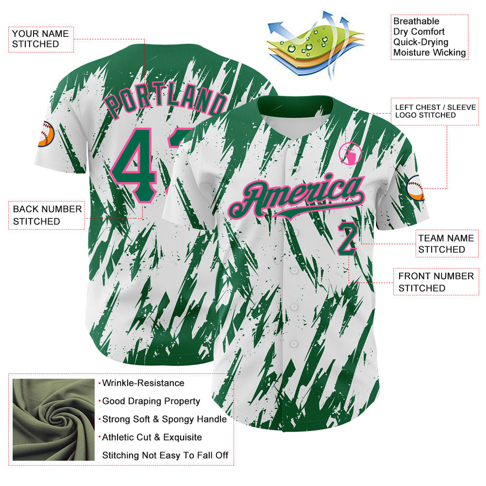 Custom White Kelly Green-Pink 3D Pattern Design Abstract Sharp Shape Authentic Baseball Jersey - Sky-Custom