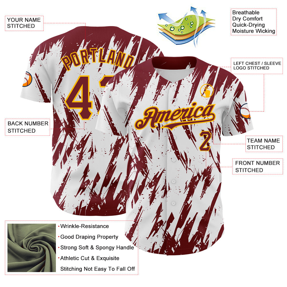 Custom White Crimson-Gold 3D Pattern Design Abstract Sharp Shape Authentic Baseball Jersey - Sky-Custom
