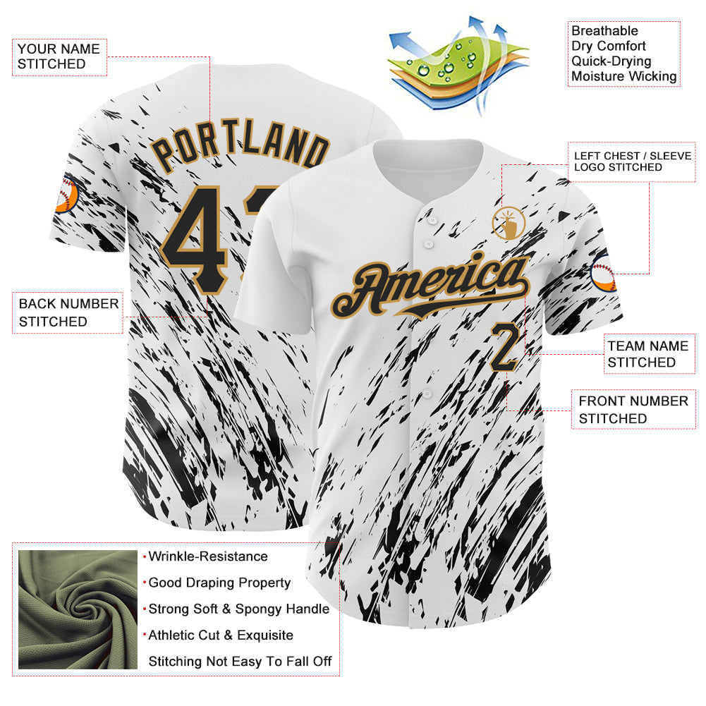 Custom White Black-Old Gold 3D Pattern Design Abstract Splash Authentic Baseball Jersey - Sky-Custom