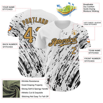 Custom White Old Gold-Black 3D Pattern Design Abstract Splash Authentic Baseball Jersey - Sky-Custom