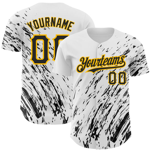 Custom White Black-Gold 3D Pattern Design Abstract Splash Authentic Baseball Jersey - Sky-Custom