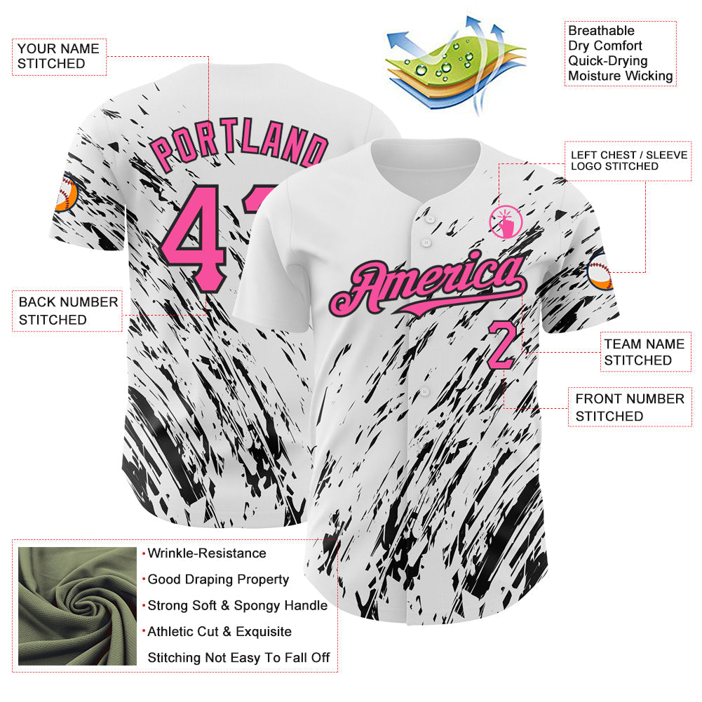 Custom White Pink-Black 3D Pattern Design Abstract Splash Authentic Baseball Jersey - Sky-Custom