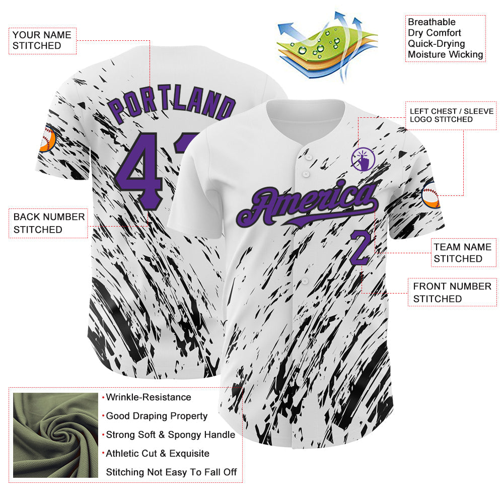Custom White Purple-Black 3D Pattern Design Abstract Splash Authentic Baseball Jersey - Sky-Custom