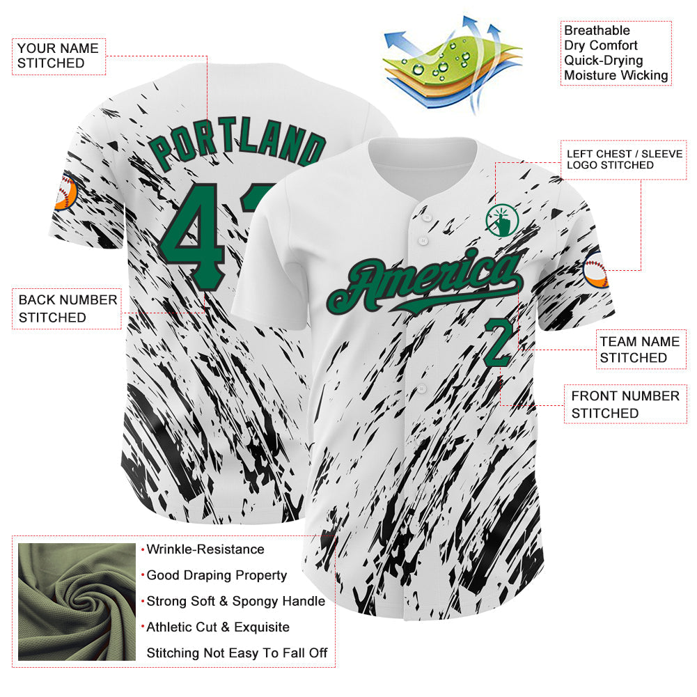 Custom White Kelly Green-Black 3D Pattern Design Abstract Splash Authentic Baseball Jersey - Sky-Custom