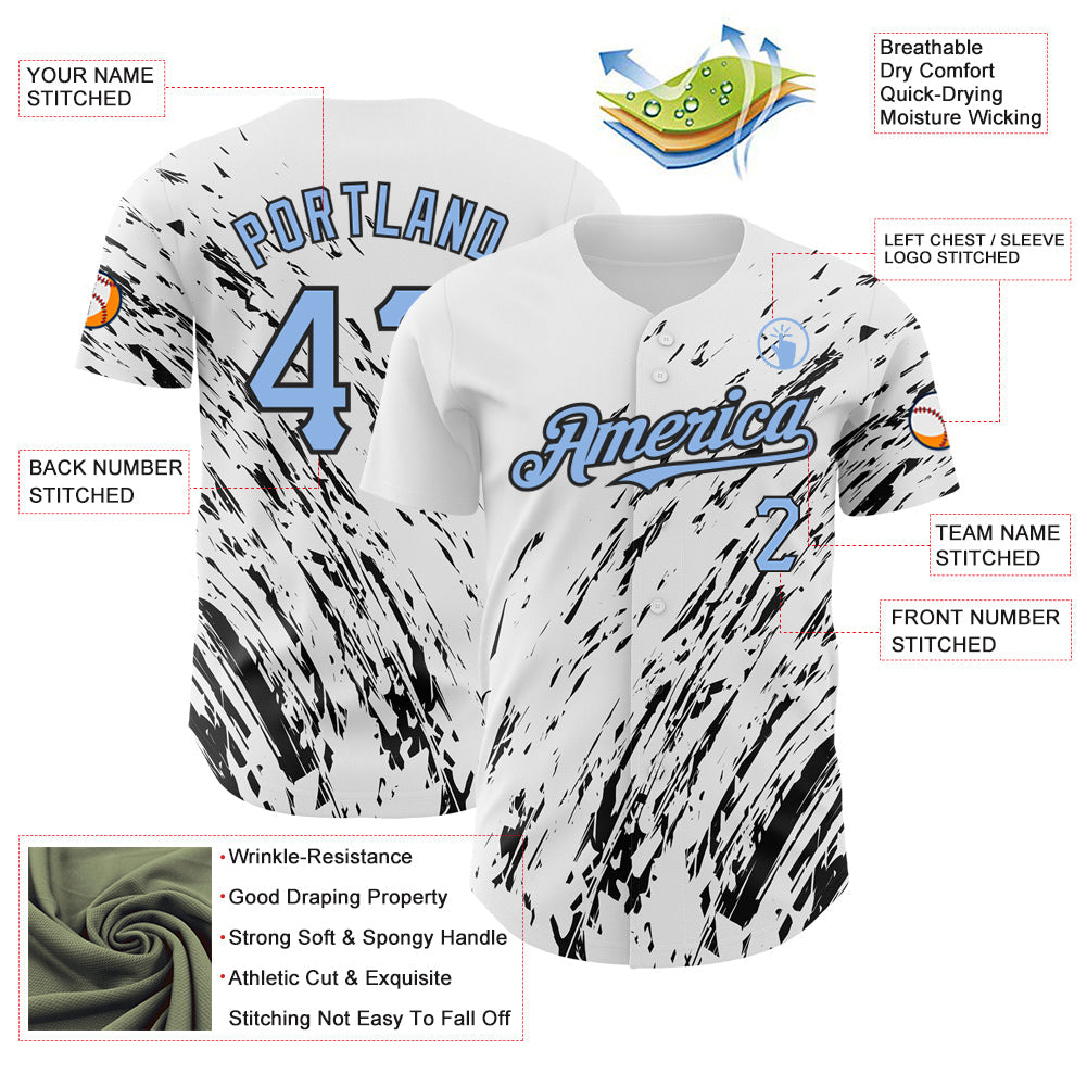 Custom White Light Blue-Black 3D Pattern Design Abstract Splash Authentic Baseball Jersey - Sky-Custom