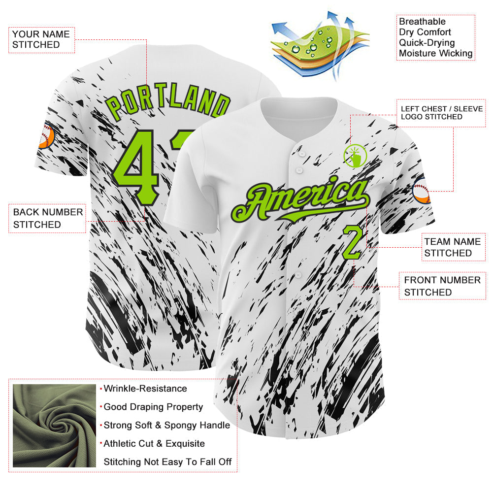 Custom White Neon Green-Black 3D Pattern Design Abstract Splash Authentic Baseball Jersey - Sky-Custom