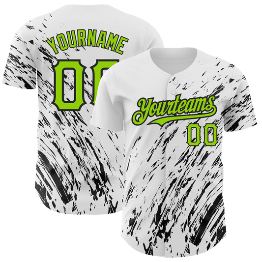 Custom White Neon Green-Black 3D Pattern Design Abstract Splash Authentic Baseball Jersey - Sky-Custom