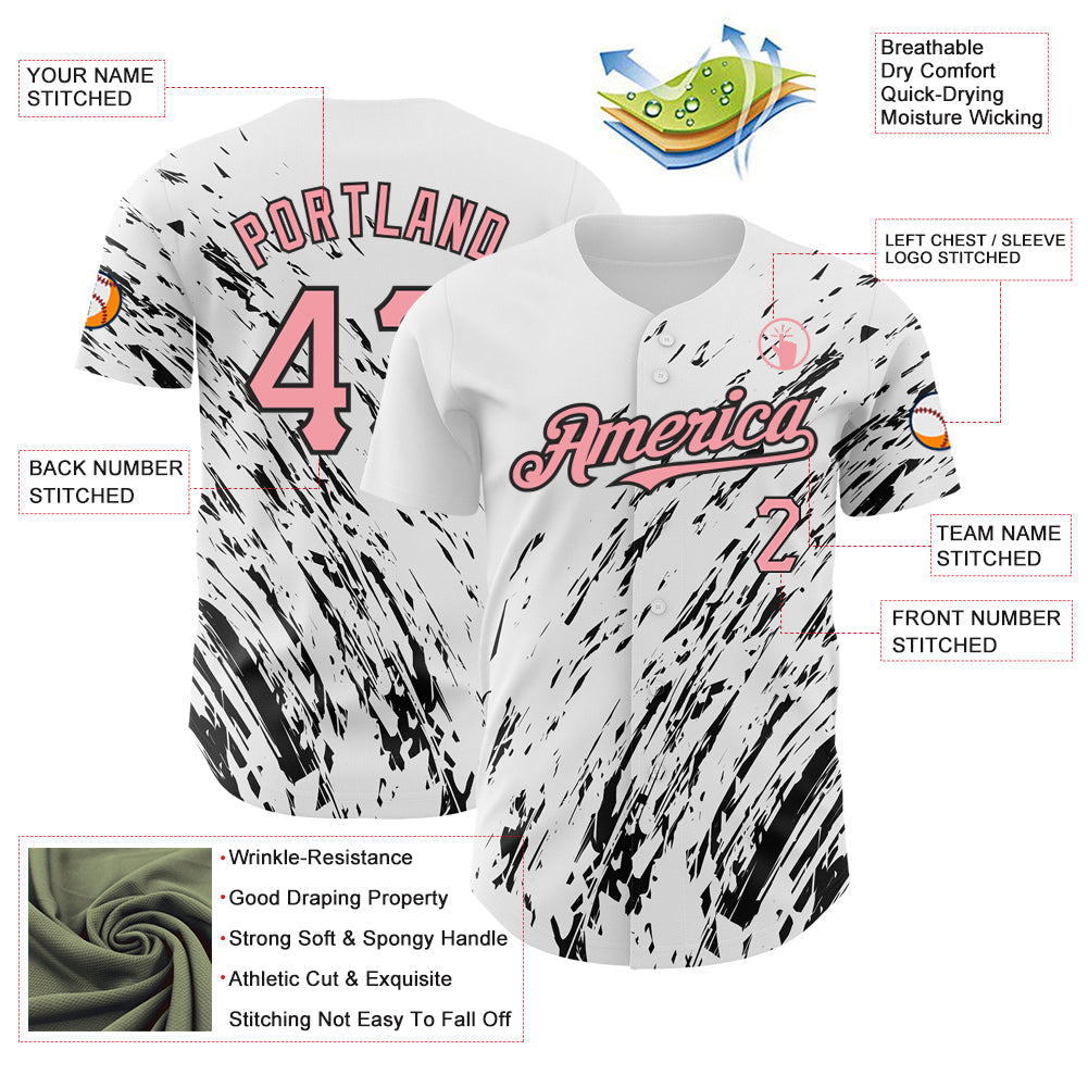 Custom White Medium Pink-Black 3D Pattern Design Abstract Splash Authentic Baseball Jersey - Sky-Custom