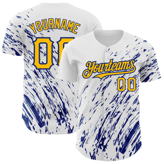 Custom White Gold-Royal 3D Pattern Design Abstract Splash Authentic Baseball Jersey - Sky-Custom