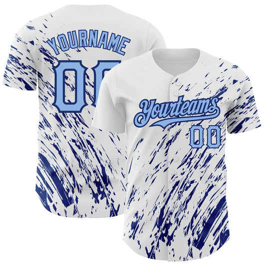 Custom White Light Blue-Royal 3D Pattern Design Abstract Splash Authentic Baseball Jersey - Sky-Custom