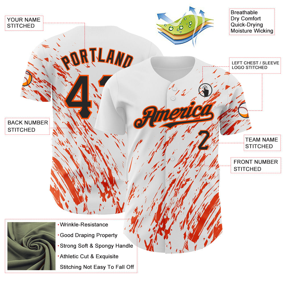 Custom White Black-Orange 3D Pattern Design Abstract Splash Authentic Baseball Jersey - Sky-Custom