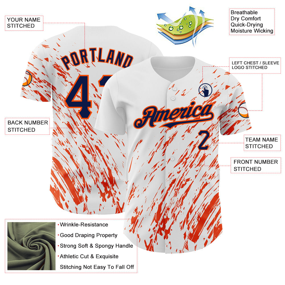 Custom White Navy-Orange 3D Pattern Design Abstract Splash Authentic Baseball Jersey - Sky-Custom