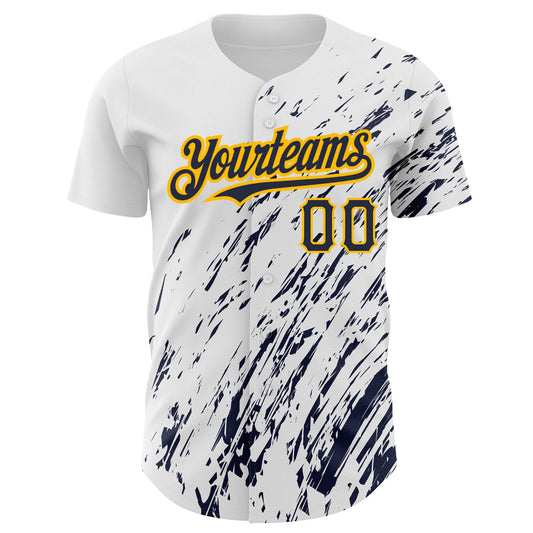 Custom White Navy-Gold 3D Pattern Design Abstract Splash Authentic Baseball Jersey - Sky-Custom