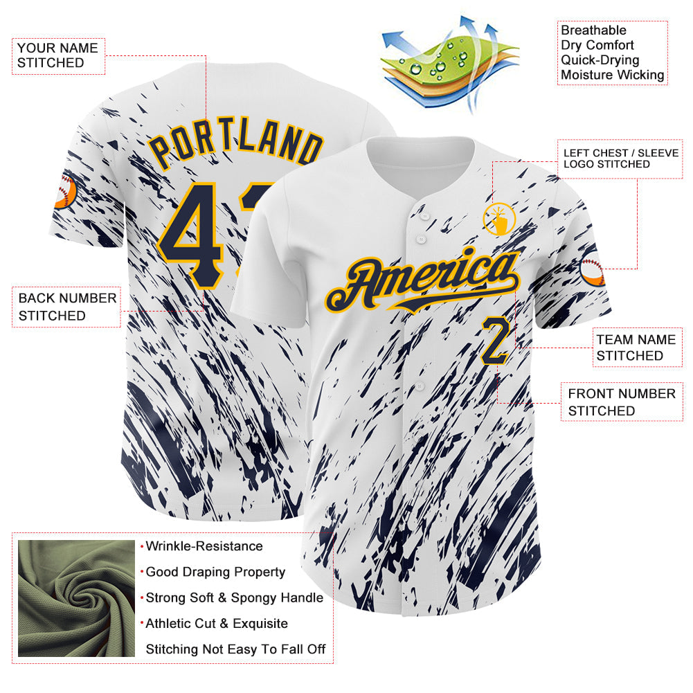 Custom White Navy-Gold 3D Pattern Design Abstract Splash Authentic Baseball Jersey - Sky-Custom