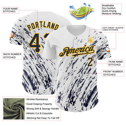 Custom White Navy-Gold 3D Pattern Design Abstract Splash Authentic Baseball Jersey - Sky-Custom