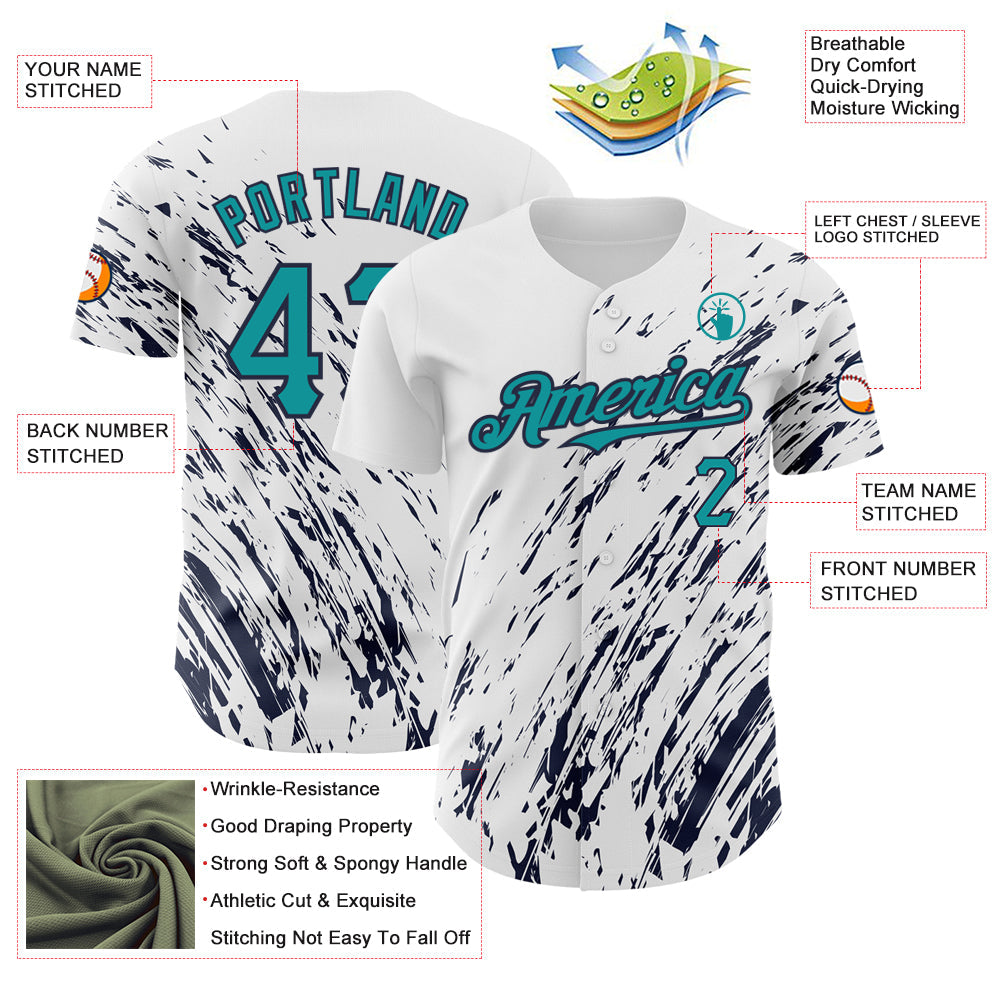Custom White Teal-Navy 3D Pattern Design Abstract Splash Authentic Baseball Jersey - Sky-Custom