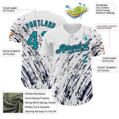 Custom White Teal-Navy 3D Pattern Design Abstract Splash Authentic Baseball Jersey - Sky-Custom