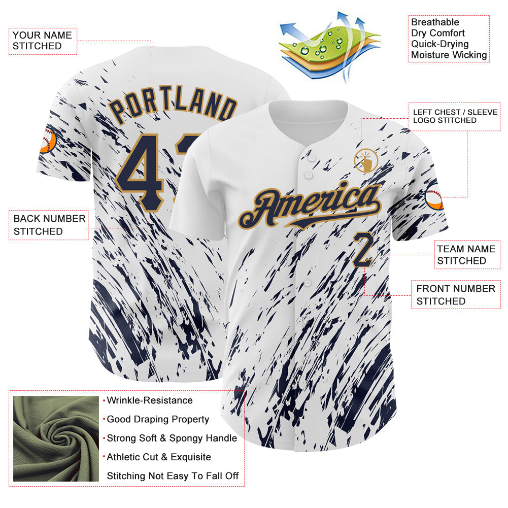 Custom White Navy-Old Gold 3D Pattern Design Abstract Splash Authentic Baseball Jersey - Sky-Custom