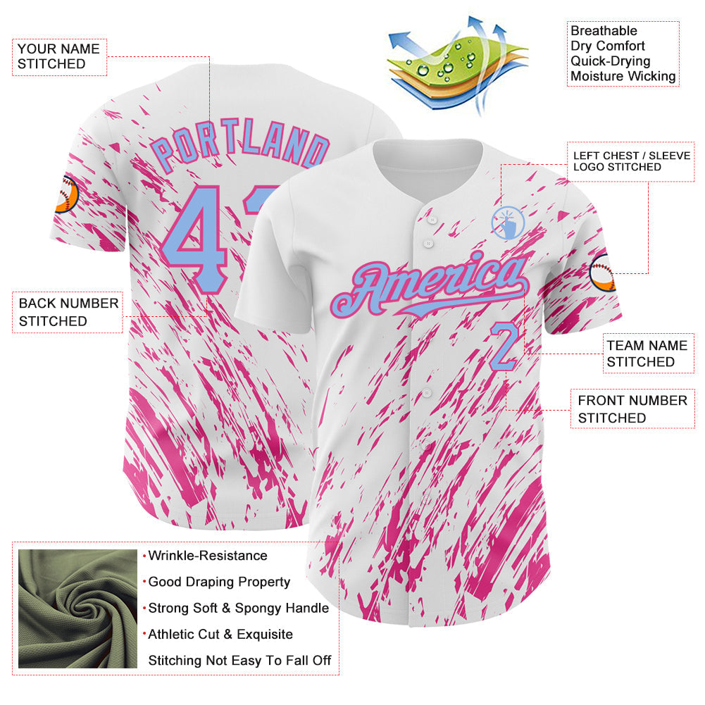 Custom White Light Blue-Pink 3D Pattern Design Abstract Splash Authentic Baseball Jersey - Sky-Custom