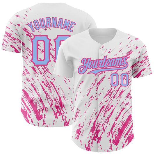 Custom White Light Blue-Pink 3D Pattern Design Abstract Splash Authentic Baseball Jersey - Sky-Custom