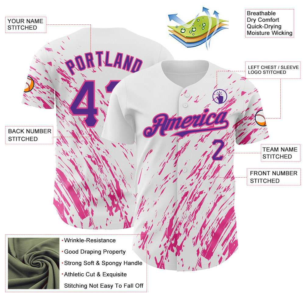 Custom White Purple-Pink 3D Pattern Design Abstract Splash Authentic Baseball Jersey - Sky-Custom