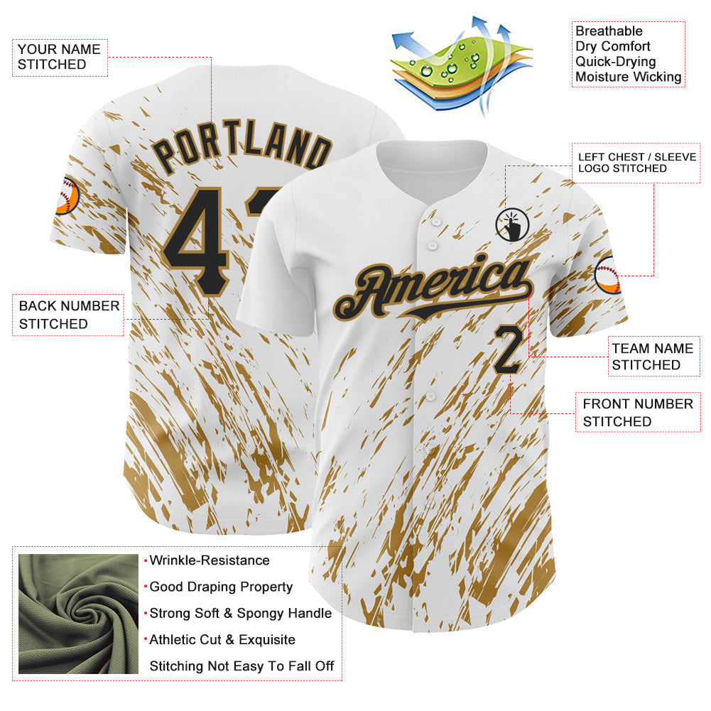 Custom White Black-Old Gold 3D Pattern Design Abstract Splash Authentic Baseball Jersey - Sky-Custom