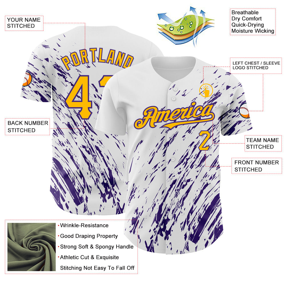Custom White Gold-Purple 3D Pattern Design Abstract Splash Authentic Baseball Jersey - Sky-Custom
