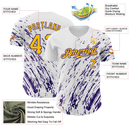 Custom White Gold-Purple 3D Pattern Design Abstract Splash Authentic Baseball Jersey - Sky-Custom