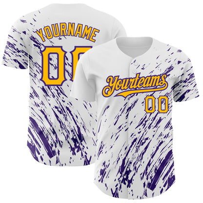 Custom White Gold-Purple 3D Pattern Design Abstract Splash Authentic Baseball Jersey - Sky-Custom