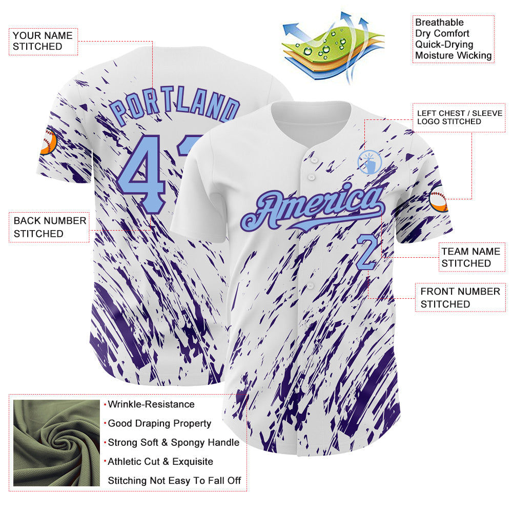 Custom White Light Blue-Purple 3D Pattern Design Abstract Splash Authentic Baseball Jersey - Sky-Custom