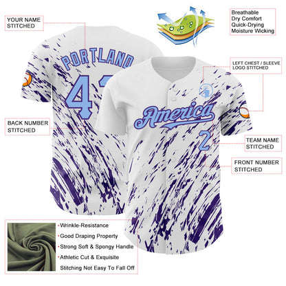 Custom White Light Blue-Purple 3D Pattern Design Abstract Splash Authentic Baseball Jersey - Sky-Custom