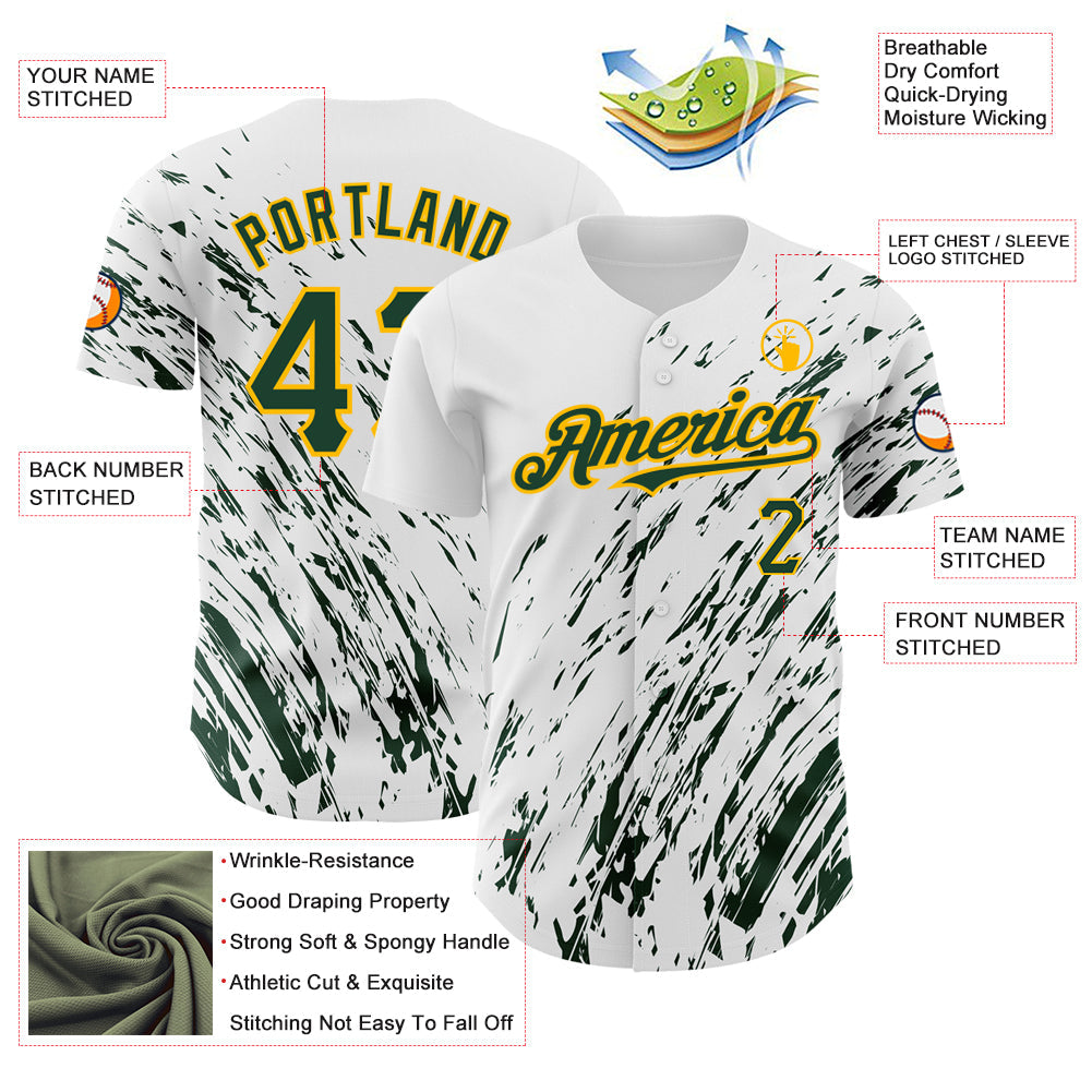 Custom White Green-Gold 3D Pattern Design Abstract Splash Authentic Baseball Jersey - Sky-Custom