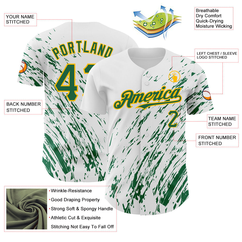 Custom White Kelly Green-Gold 3D Pattern Design Abstract Splash Authentic Baseball Jersey - Sky-Custom