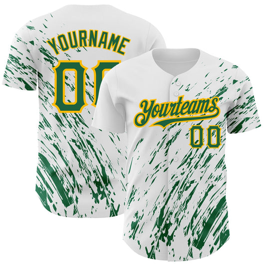 Custom White Kelly Green-Gold 3D Pattern Design Abstract Splash Authentic Baseball Jersey - Sky-Custom