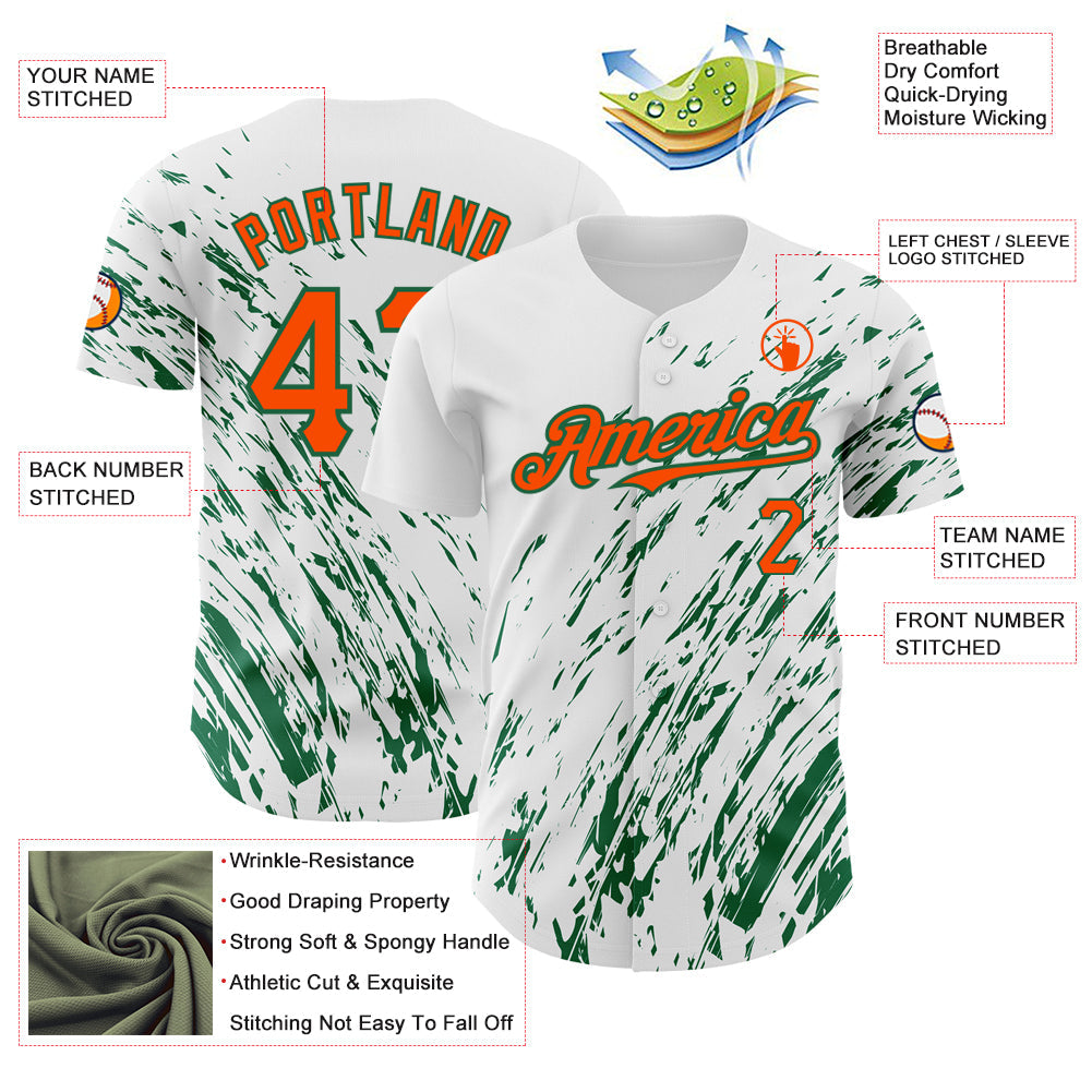 Custom White Orange-Kelly Green 3D Pattern Design Abstract Splash Authentic Baseball Jersey - Sky-Custom