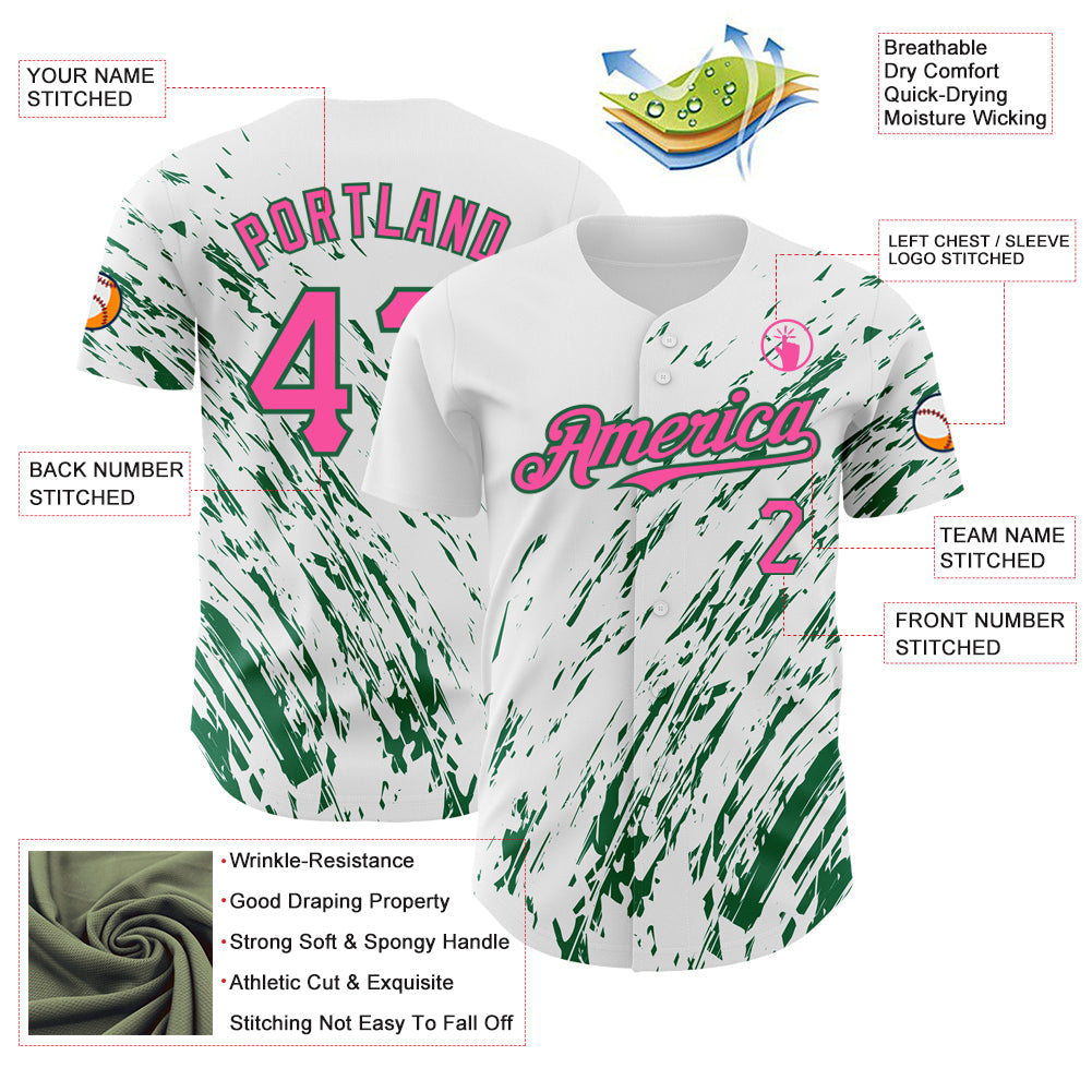 Custom White Pink-Kelly Green 3D Pattern Design Abstract Splash Authentic Baseball Jersey - Sky-Custom