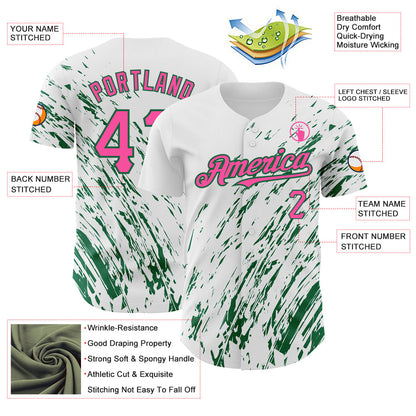 Custom White Pink-Kelly Green 3D Pattern Design Abstract Splash Authentic Baseball Jersey - Sky-Custom