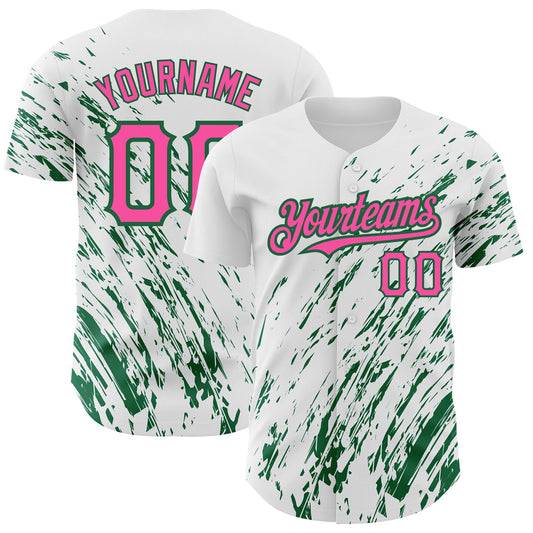 Custom White Pink-Kelly Green 3D Pattern Design Abstract Splash Authentic Baseball Jersey - Sky-Custom