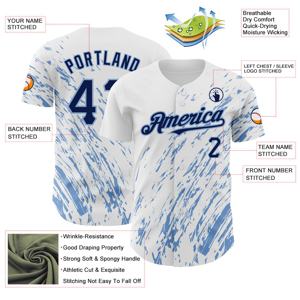 Custom White Navy-Light Blue 3D Pattern Design Abstract Splash Authentic Baseball Jersey - Sky-Custom