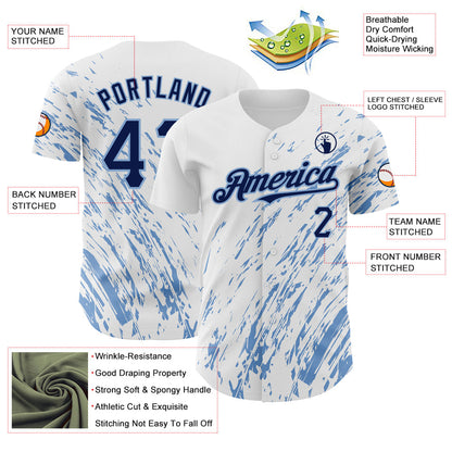 Custom White Navy-Light Blue 3D Pattern Design Abstract Splash Authentic Baseball Jersey - Sky-Custom