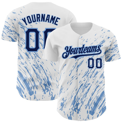 Custom White Navy-Light Blue 3D Pattern Design Abstract Splash Authentic Baseball Jersey - Sky-Custom