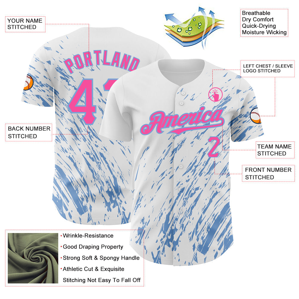 Custom White Pink-Light Blue 3D Pattern Design Abstract Splash Authentic Baseball Jersey - Sky-Custom