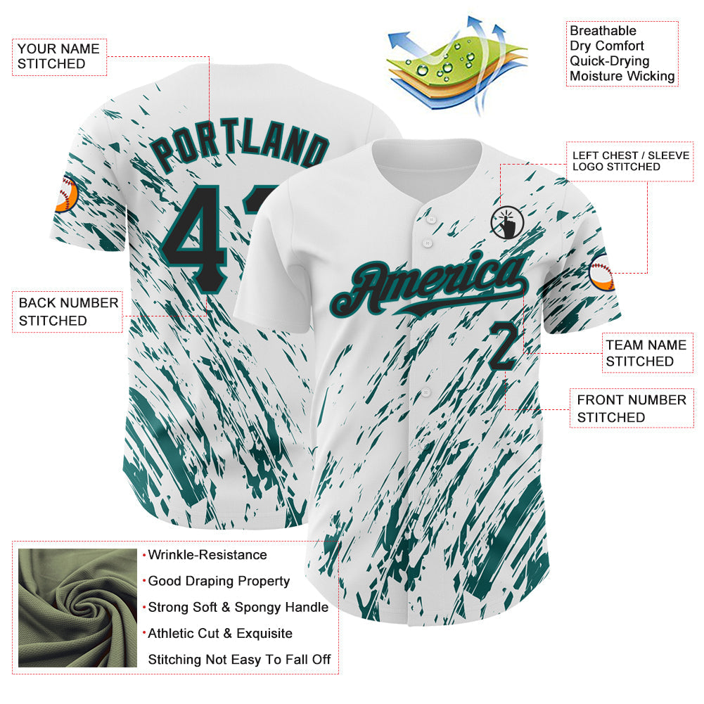 Custom White Black-Teal 3D Pattern Design Abstract Splash Authentic Baseball Jersey - Sky-Custom