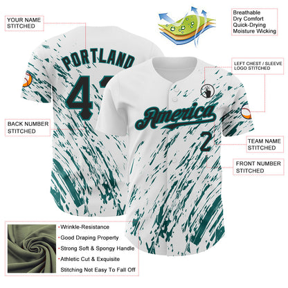 Custom White Black-Teal 3D Pattern Design Abstract Splash Authentic Baseball Jersey - Sky-Custom