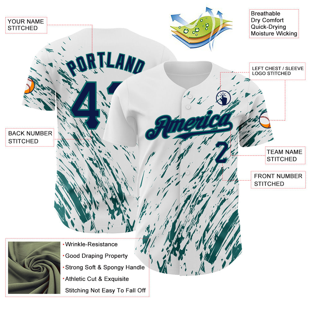 Custom White Navy-Teal 3D Pattern Design Abstract Splash Authentic Baseball Jersey - Sky-Custom