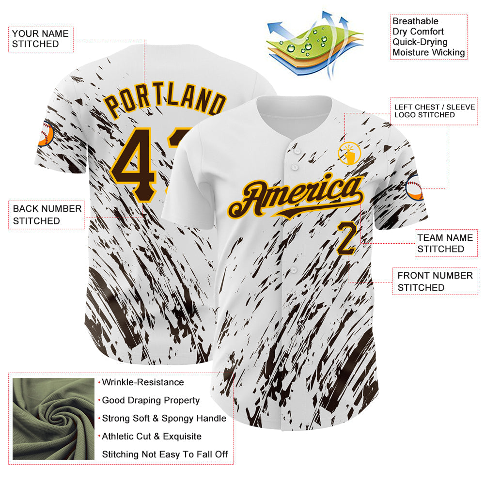 Custom White Brown-Gold 3D Pattern Design Abstract Splash Authentic Baseball Jersey - Sky-Custom
