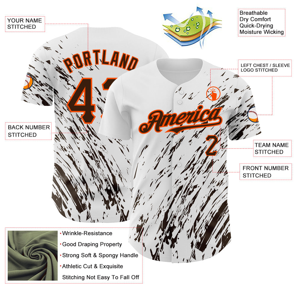 Custom White Brown-Orange 3D Pattern Design Abstract Splash Authentic Baseball Jersey - Sky-Custom