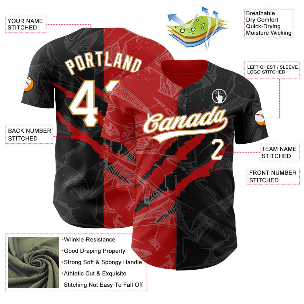 Custom Graffiti Pattern Black Red-Old Gold 3D Scratch Authentic Baseball Jersey - Sky-Custom